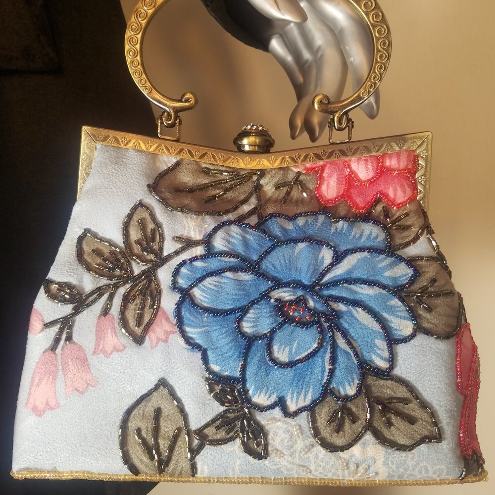 Women's Decorative Beaded Light Blue Bag with Metal Handle ( 8.5" w x 9.5" h)